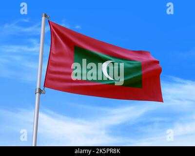 Beautiful Maldives flag waving in the wind with sky background - 3D illustration - 3D render Stock Photo