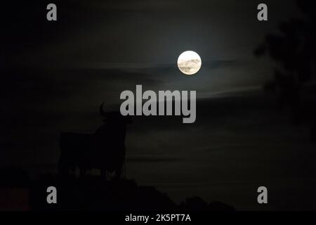 Malaga, Spain. 09th Oct, 2022. The full moon or 'Hunter's moon' is seen rising over a billboard-size figure of a bull, known as the 'Osborne Bull' in Fuengirola, near Malaga. During the Hunter's Moon, the first autumn full moon, is well-known as Hunter Moon because of its suitability during the hunting season. When the moon appears more large and orange than usual over the horizon. (Photo by Jesus Merida/SOPA Images/Sipa USA) Credit: Sipa USA/Alamy Live News Stock Photo