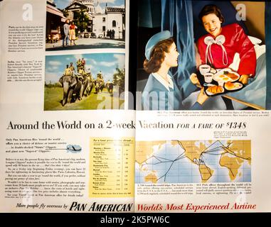 PanAm. Pan American Airlines advertisement in NatGeo magazine, 1954 Stock Photo