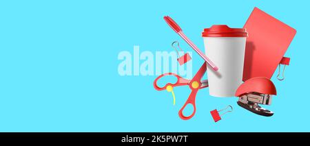 Flying paper coffee cup and set of school supplies on blue background with space for text Stock Photo