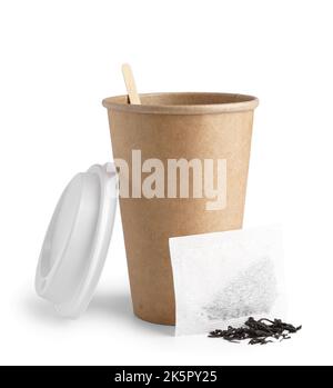 Paper cup and tea bag on white background Stock Photo