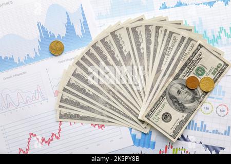 Dollar banknotes with cents on diagrams, closeup. Exchange rate concept ...