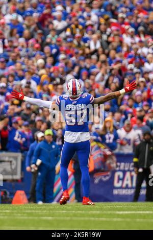 Buffalo Bills defensive end AJ Epenesa (57) reacts during the first half an  NFL football game against the New England Patriots, Thursday, Dec. 1, 2022,  in Foxborough, Mass. (AP Photo/Greg M. Cooper