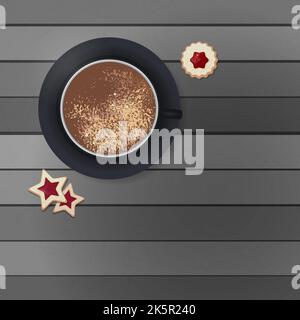 Cup of coffee and cookies on wooden background Stock Vector