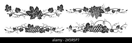 Grape vine divider bunches engraving set. Vintage ink hand drawn wine decorations border, floral grapes berry frame. Decorative etching elements antique vineyard ornament for packing vector design Stock Vector