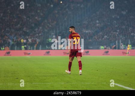 Rome, Italy 9th October 2022: Leonardo Spinazzola of A.S. Roma gestures during the Italian Serie A 202223 football match between AS Roma and US Lecce at the Olimpico Stadium Stock Photo