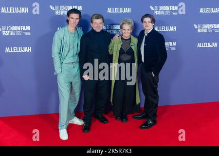 London, UK. 09th October, 2022. (2L-R) Andy Serkis, Lorraine Ashbourne and Louis Serkis-Ashbourne attend the European premiere of 'Allelujah' at the Royal Festival Hall during the 66th BFI London Film Festival. Credit: Wiktor Szymanowicz/Alamy Live News Stock Photo