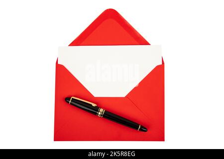 Red envelope with fountain pen isolated over white background Stock Photo