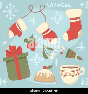 Set of Christmas or New Year elements. Cute cozy hand drawn vector clip art. Stock Vector