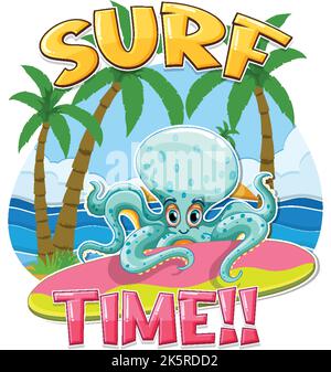 Octopus cartoon character with surf time word illustration Stock Vector