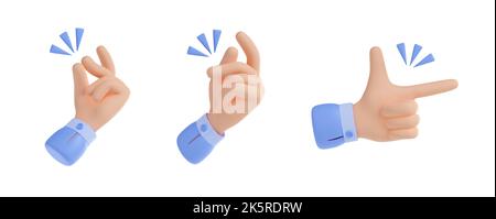 Fingers snap icon, man hand gesture of easy concept, idea, magic, pop sound. Set of fingers poses in flicking isolated on white background, 3d render illustration Stock Photo