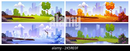 City park at summer, spring, autumn and winter season landscapes set. Scenery backgrounds of public recreational place with trees and lawn at sunny, rainy or cold days, Cartoon vector illustration Stock Vector