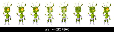 Cartoon alien character wink and waving hand animation sprite sheet. Sequence frame of cute Martian, extraterrestrial comer with green skin, Fantastic space personage, Vector illustration, saet Stock Vector