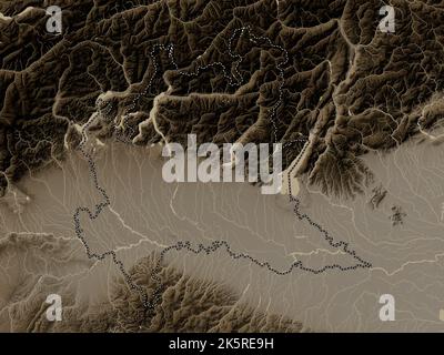 Lombardia, region of Italy. Elevation map colored in sepia tones with lakes and rivers Stock Photo