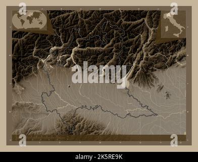 Lombardia, region of Italy. Elevation map colored in sepia tones with lakes and rivers. Corner auxiliary location maps Stock Photo