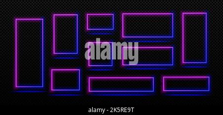 Rectangle neon light frames, empty blue and pink banners isolated on transparent background. Collage of night club or casino electric signboards with glowing borders, vector realistic set Stock Vector