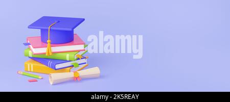 3D render of graduation cap, books and diploma. Colorful pile of literature, rolled academic certificate, pencil, eraser isolated on blue. School or college banner template. Education concept Stock Photo