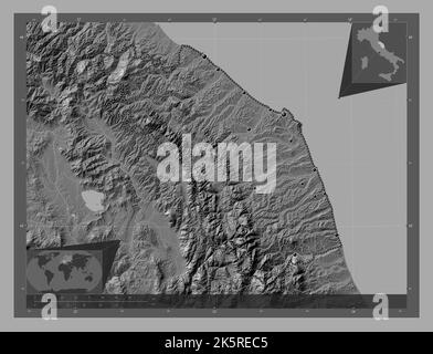 Marche, region of Italy. Bilevel elevation map with lakes and rivers. Locations of major cities of the region. Corner auxiliary location maps Stock Photo