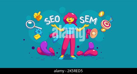SEO vs SEM concept. Woman choose between two digital marketing strategies for advertising in internet, icons of target, megaphone, money, magnifier, vector illustration in contemporary style Stock Vector