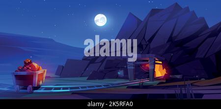 Gold mine entrance with cart full of gold ingots on rails at night nature landscape with moon. Quarry cave outside view with golden nuggets, rocks and stone on trolley, Cartoon Vector illustration Stock Vector