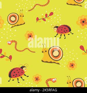 Insect seamless pattern, snail ladybug leaves Stock Vector