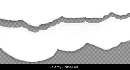 White ripped paper strips, realistic scraps with torn ragged edges. Sticky notes, shreds of notebook pages, seamless borders design elements isolated on transparent background, 3d Vector illustration Stock Vector