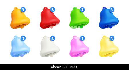 3d render notification bells, colorful unread message on phone or computer application. Alert notice, spam, chat box, online conversation isolated icons, Vector illustration in cartoon plastic style Stock Vector