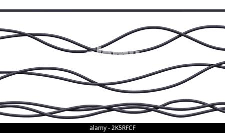 Realistic cables set, black flexible electrical wires with plastic braid isolated on white background. Power or network line, connection and telecommunication equipment, 3d vector illustration Stock Vector