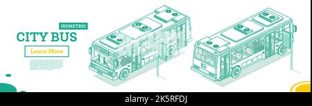 City Bus. Isometric Outline Concept. Vector Illustration. Design Element for Infographic Projects. Doors on the Left Side of the Bus and on the Right. Stock Vector