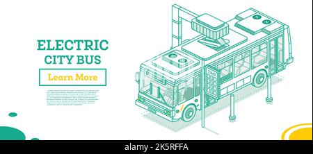 Isometric Electric Bus on Charging Station. Vector Illustration. Ecological Public Transport. Outline Concept. Stock Vector