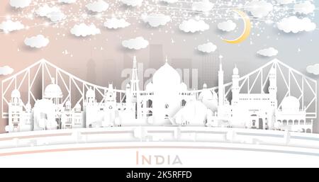 India City Skyline in Paper Cut Style with White Buildings, Moon and Neon Garland. Vector Illustration. Travel and Tourism Concept. Stock Vector
