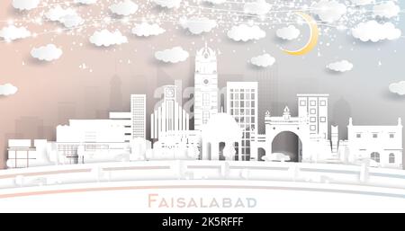 Faisalabad Pakistan City Skyline in Paper Cut Style with White Buildings, Moon and Neon Garland. Vector Illustration. Travel and Tourism Concept. Stock Vector