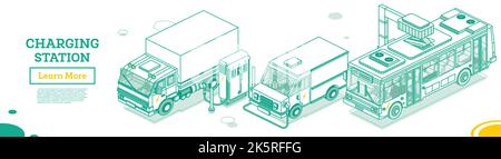 Electromobile Charging Station. Isometric Outline Concept. Vector Illustration. Truck, Van and Bus. Eco Transport. Green Energy. Stock Vector