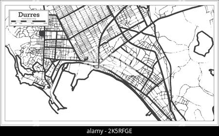 Durres Albania City Map in Black and White Color in Retro Style Isolated on White. Outline Map. Vector Illustration. Stock Vector