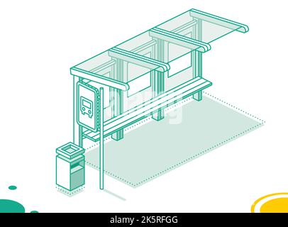 Isometric Bus Stop. Outline Concept Isolated on White. Vector Illustration. Stock Vector