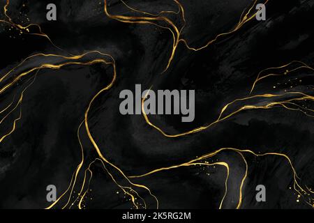 Luxury Black and Gold Marble texture background vector. Panoramic Marbling texture design for Banner, invitation, wallpaper, headers, website, print a Stock Vector