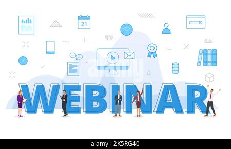 webinar concept with big words and people surrounded by related icon spreading with modern blue color style vector illustration Stock Photo