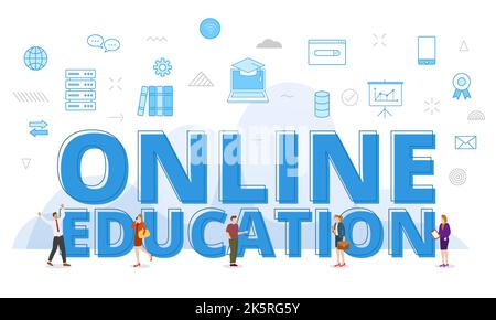 online education concept with big words and people surrounded by related icon spreading with modern blue color style vector illustration Stock Photo