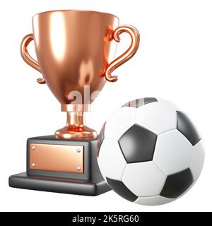 Bronze trophy cup and soccer ball or football on white isolated background . Embedded clipping paths . 3D rendering . Stock Photo