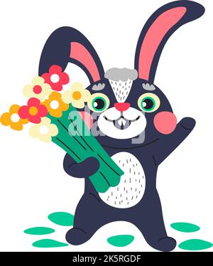 Rabbit holding bouquet of flowers greeting vector Stock Vector