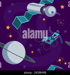 Cosmonaut floating in space, satellite and planet Stock Vector