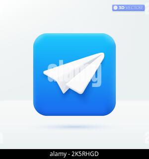 Telegram app icon symbols. Telegrams popular instant messengers, Paper Airplane concept. 3D vector isolated illustration design. Cartoon pastel Minima Stock Vector