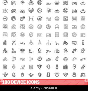 100 device icons set. Outline illustration of 100 device icons vector set isolated on white background Stock Vector