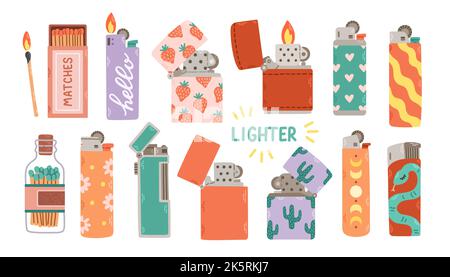 Set of various Lighters. Metal and plastic cigarette lighters with cool colorful prints. Vector illustration Stock Vector