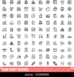 100 diet icons set. Outline illustration of 100 diet icons vector set isolated on white background Stock Vector