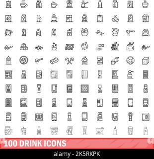 100 drink icons set. Outline illustration of 100 drink icons vector set isolated on white background Stock Vector