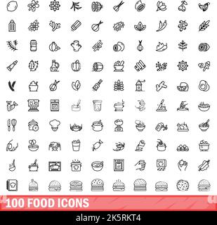 100 food icons set. Outline illustration of 100 food icons vector set isolated on white background Stock Vector