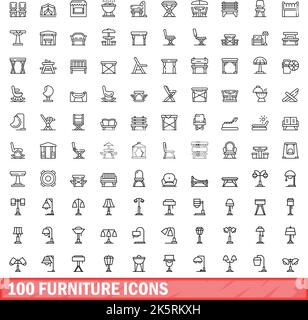 100 furniture icons set. Outline illustration of 100 furniture icons vector set isolated on white background Stock Vector