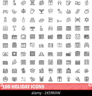 100 holiday icons set. Outline illustration of 100 holiday icons vector set isolated on white background Stock Vector