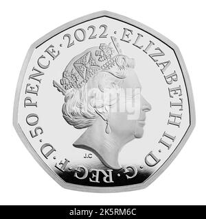 Undated handout photo issued by the Royal Mint of a 50p Silver Proof Coin which commemorates the BBC's centenary, which will feature an image of the late Queen as part of a sustainability drive. Picture date: Monday October 10, 2022. Stock Photo